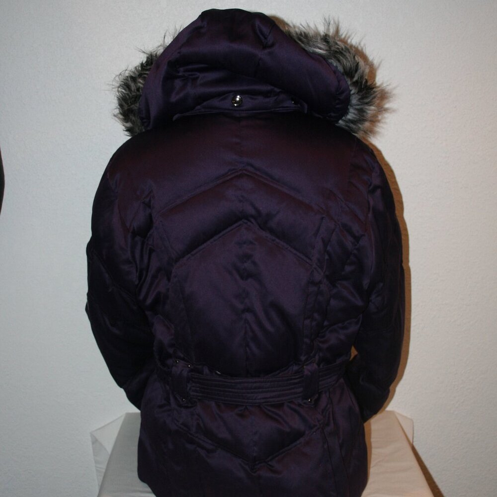 A.N.A Purple XL Down Puffer Faux Fur Trim Hood Zip Snap Jacket Coat Belt Winter - Picture 3 of 12